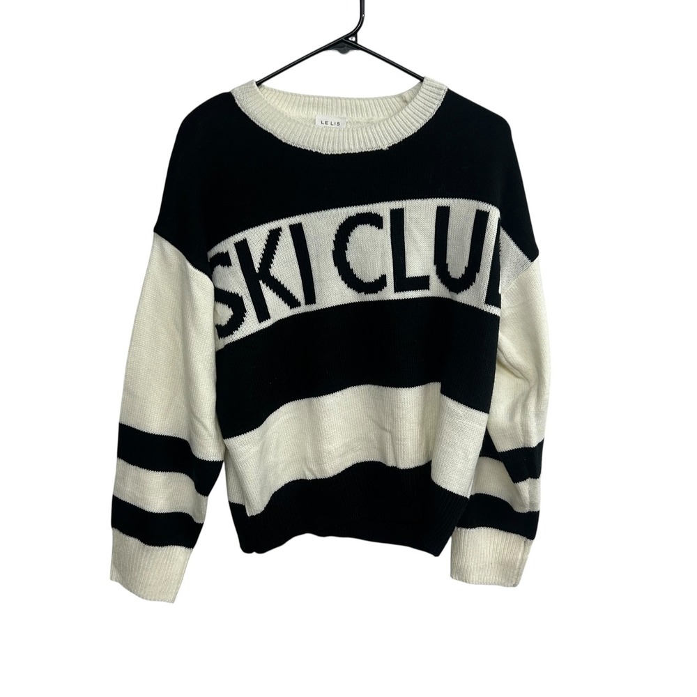 Striped Knit Ski Club Sweater Après Ski M Black White Winter Cozy Minimalist